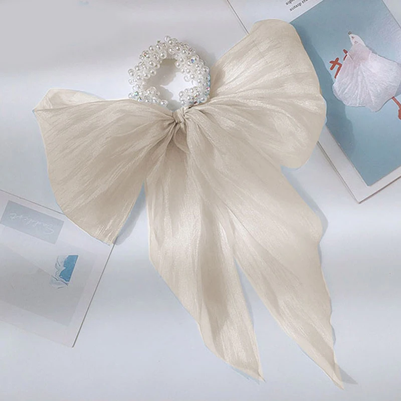 

Korean Style Women Girls Lace Imitation Pearls Hair Ties Hair Ropes Rubber Band Elegant Bow knot Ribbon Fashion Ins Headwear