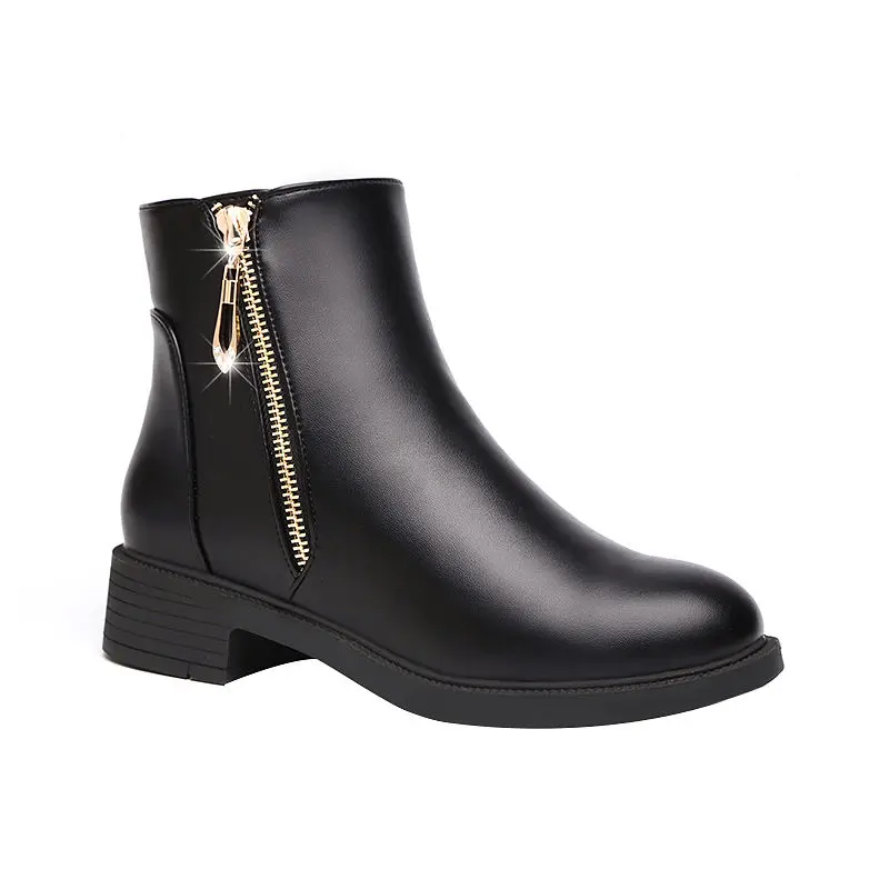 

2020 Fashion Womens Shoes Black Ankle Leather Boots Female Zipper Plush Warm Boots Casual Working Office Shoes