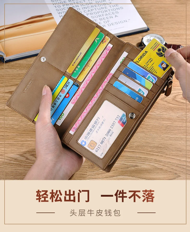 

Leather Wallet men's long detachable anti-theft wrist with fashionable business Retro Leather Credit Card Coin Zipper handbag