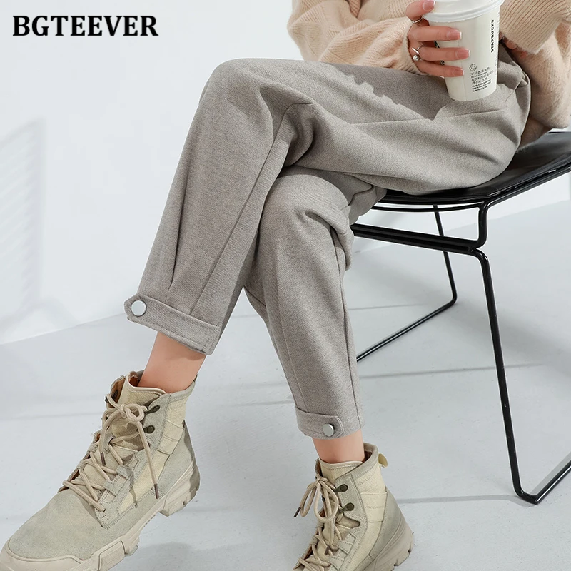 

BGTEEVER Thicken Warm Loose Women Wool Trousers Winter Solid Ladies Pants Casual High Waist Button Female Harem Pants