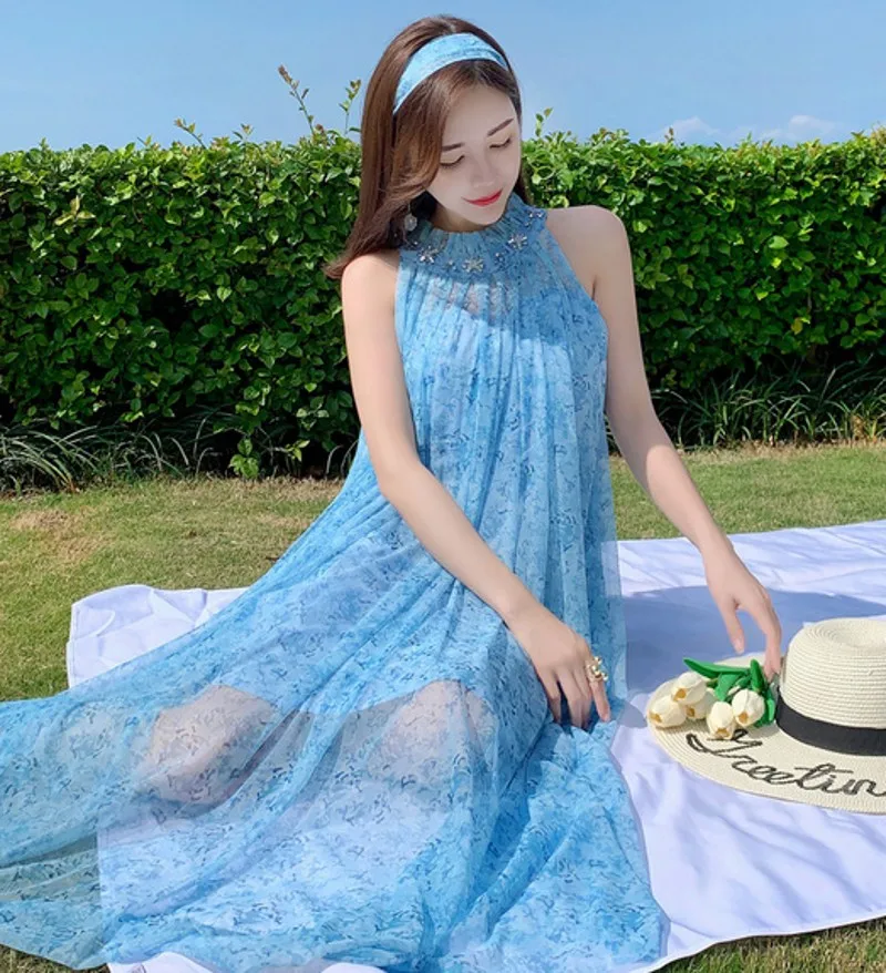 

2021 Summer fashion sexy women floral print holiday beach mesh print maxi dress