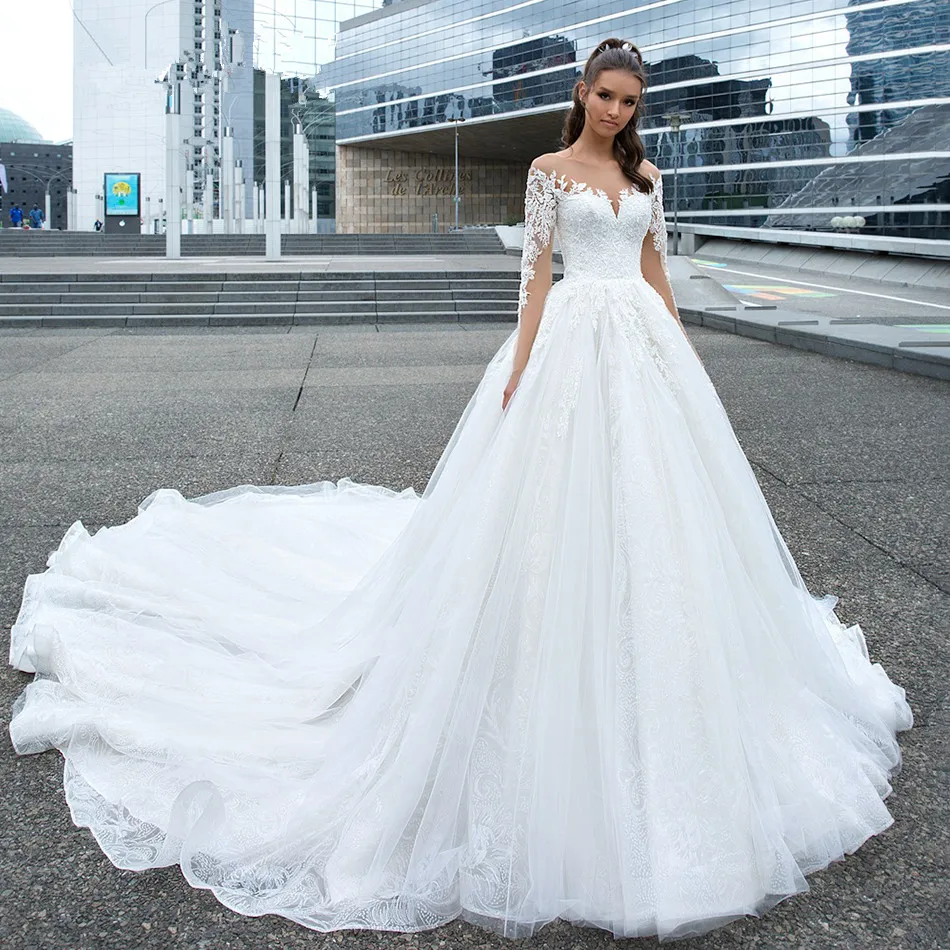 

Puffy Vestido De Noiva Muslim Wedding Dresses Ball Gown Long Sleeves Tulle Appliques Lace Boho Wedding Gown Bridal Dresses