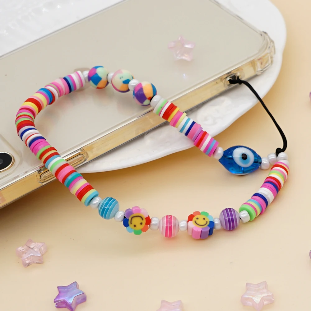 

Bohemia Multicolor Clay Smile Flower Evil Eyes Beads Mobile Phone Chain Strap Anti-lost Cord Lanyard Cadena Movil Cuentas