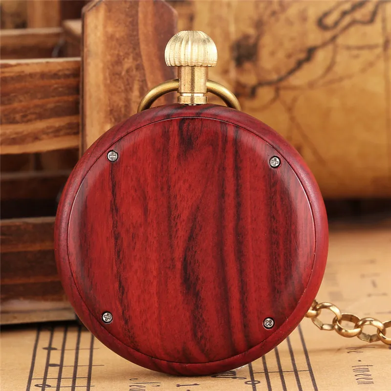Steampunk Nature Red Sandalwood Watches Unisex Skeleton Automatic Mechanical Watches Roman Numeral Pendant FOB Clock Chain Gift