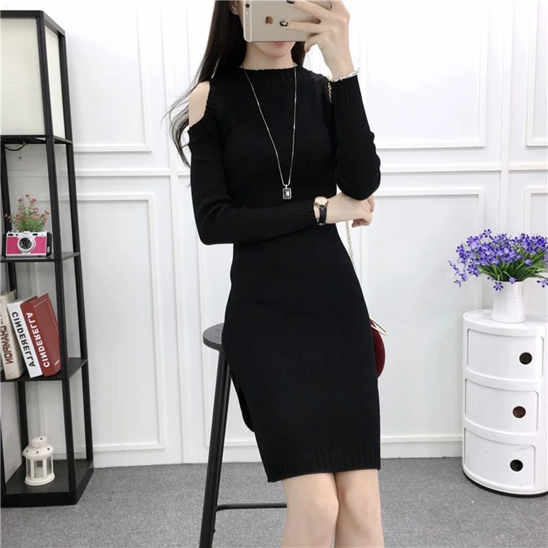 Холодное плечо 2019 трикотажное мини платье с длинными рукавами для женщин