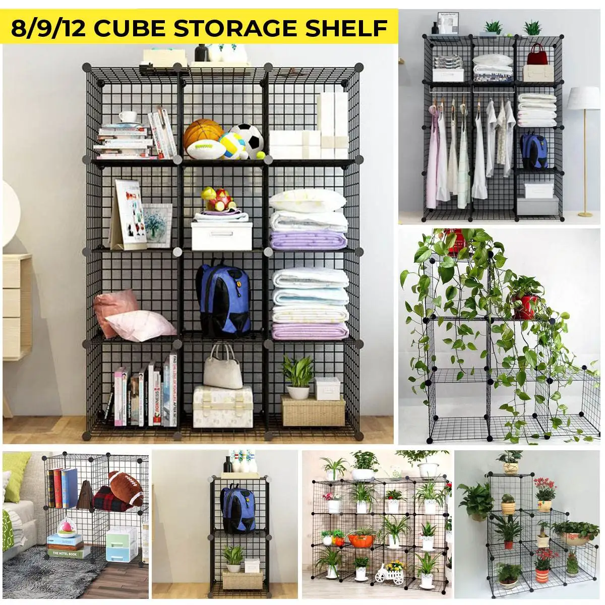 

Multifunctional Black Metal Mesh Combination Storage DIY Cube Wardrobe And Modular Shelf Net Wire Mesh Shelf Home Organizer