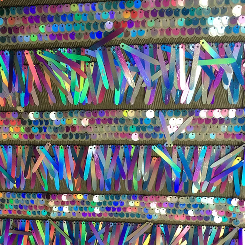 

1Y/lot Green Gold Tassel Sequins Embroidered Mesh Glitter Fabric Textile for Girl Dess Cloth Accessories