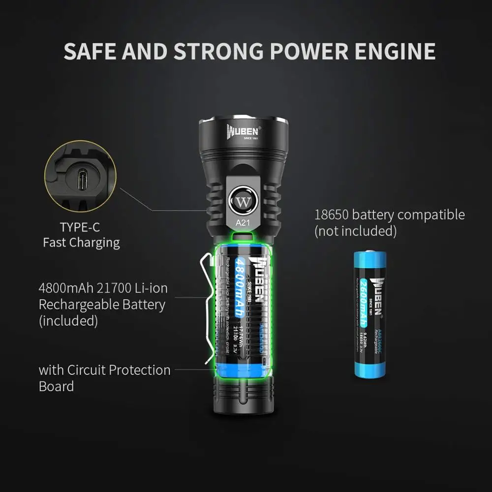 Günstig WUBEN Leistungsstarke Taschenlampe LED Wasserdicht Licht 4200 Lumen CREE XHP70 LED USB Aufladbare Taschenlampe Mit 21700 Batterie A21
