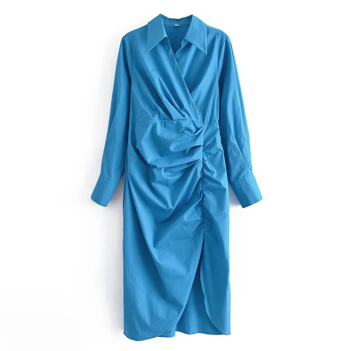

2021 Autumn Fashion Women Blue Pleated Shirt Dress Long Sleeve Office Ladies Midi Dress