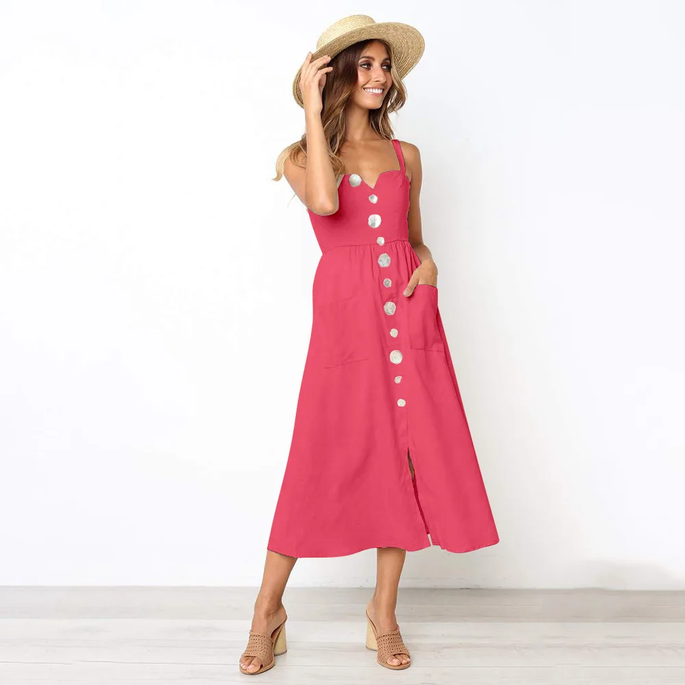 Женское летнее платье 2020 женское свободное на бретельках с карманами в пяти