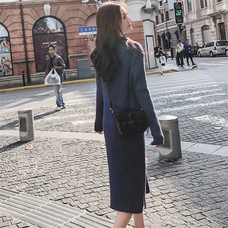 Женское прямое трикотажное платье с высоким воротником повседневные эластичные