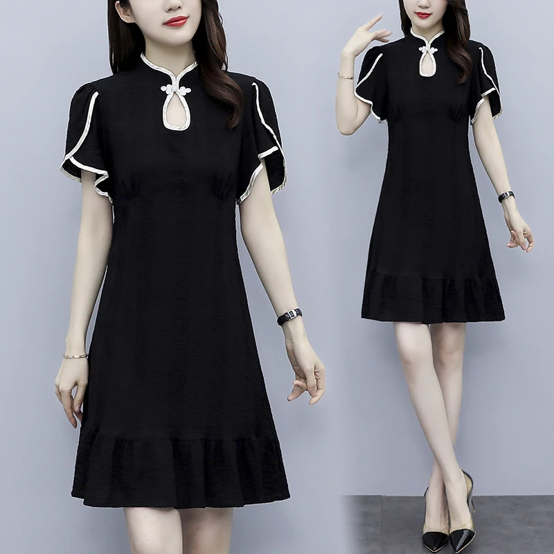 

2021 Summer Vintage Batwing Sleeve Black Dress Women Fashion Plus Size Cheongsam Ladies Knee Length Dresses Lady