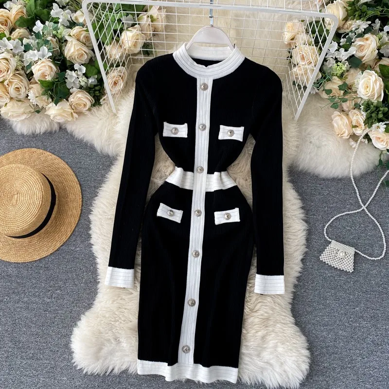 

Sheath Mini Knit Dress Girls Patchwork Bodycon Silver Buttons Soft Stretchable Sweater Dresses For Women 2020 Autumn Winter