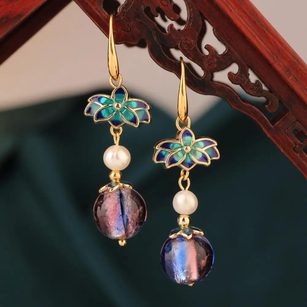 Китайский ветер длинный Лотос пресноводный жемчуг кулон серьги винтажные