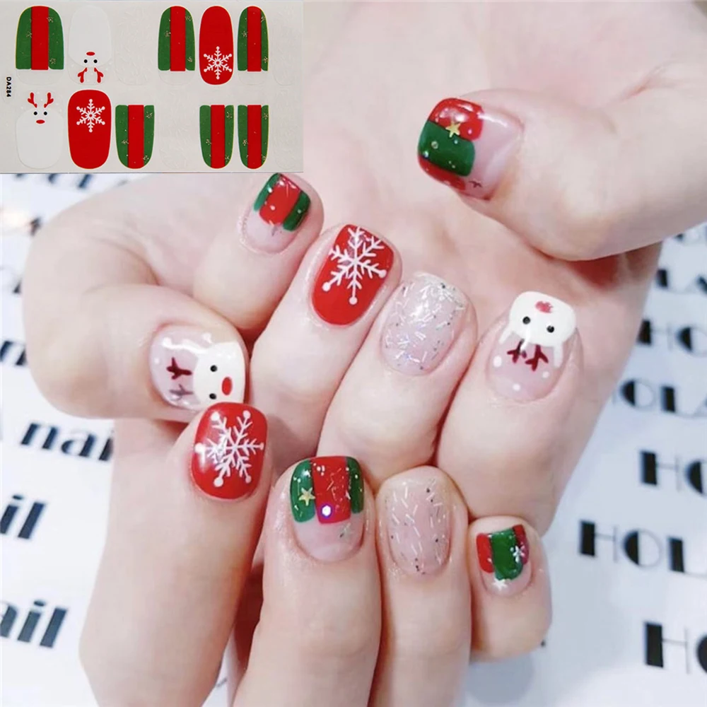 14 типсов рождественские наклейки для ногтей лось Санта Снежинка 3D клей слайдер