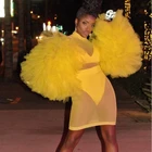 Сексуальное жёлтое прозрачное женское платье с крупными оборками в несколько рядов пышными рукавами Вечерние платья для клуба на заказ