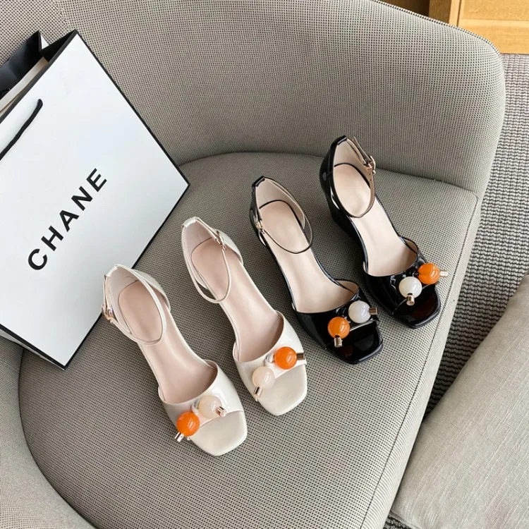 

MLJUESE 2020 women sandals cow leather Rome style summer open toe wedges black color buckle strap high heels sandals