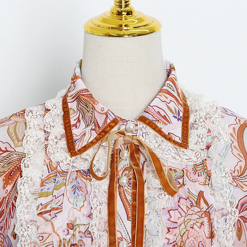 

New HIGH QUALITY 2021 Designer Runway Women's Turn-down Collar Long sleeve Lace Ruffles Sashes Print shirt dress