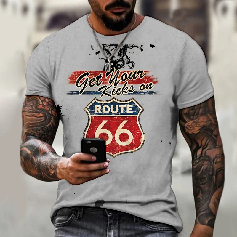 

New Men's T-shirt Loose Clothes Retro Short Sleeve Fashion 66 O-Neck Men's T-shirt Letter