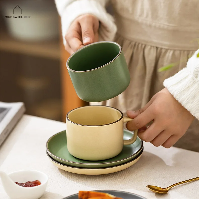

250ml Retro Ceramic Coffee Cup And Saucer Set Milk Breakfast Mugs Dessert Plate Cappuccino Afternoon Tea Cup
