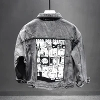 american streetwear fashion men jackets retro gray loose fit printed patches designer denim jacket men hip hop casual coats