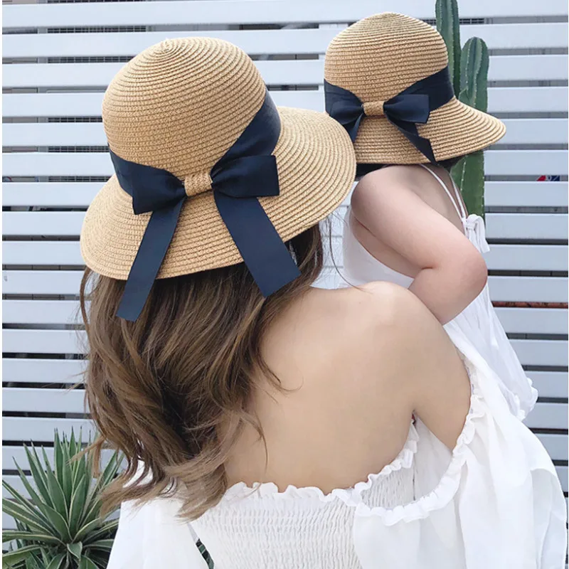 

Parent-child wear summer children's bow sun hats men and women dome sunscreen kids beach sun hats fedora hats