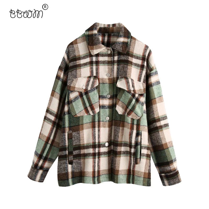 

Куртка BBWM Женская в клетку, модная винтажная верхняя одежда в стиле оверсайз с длинными рукавами и карманами, 2020