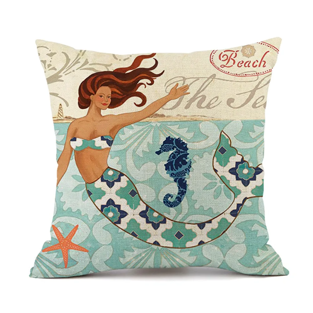 

Ocean Sea Mermaid Print Pillowcase Home Decor Cotton Linen Cushion Cover For Pillow Decorative Sofa 45X45CM Fundas De Cojin