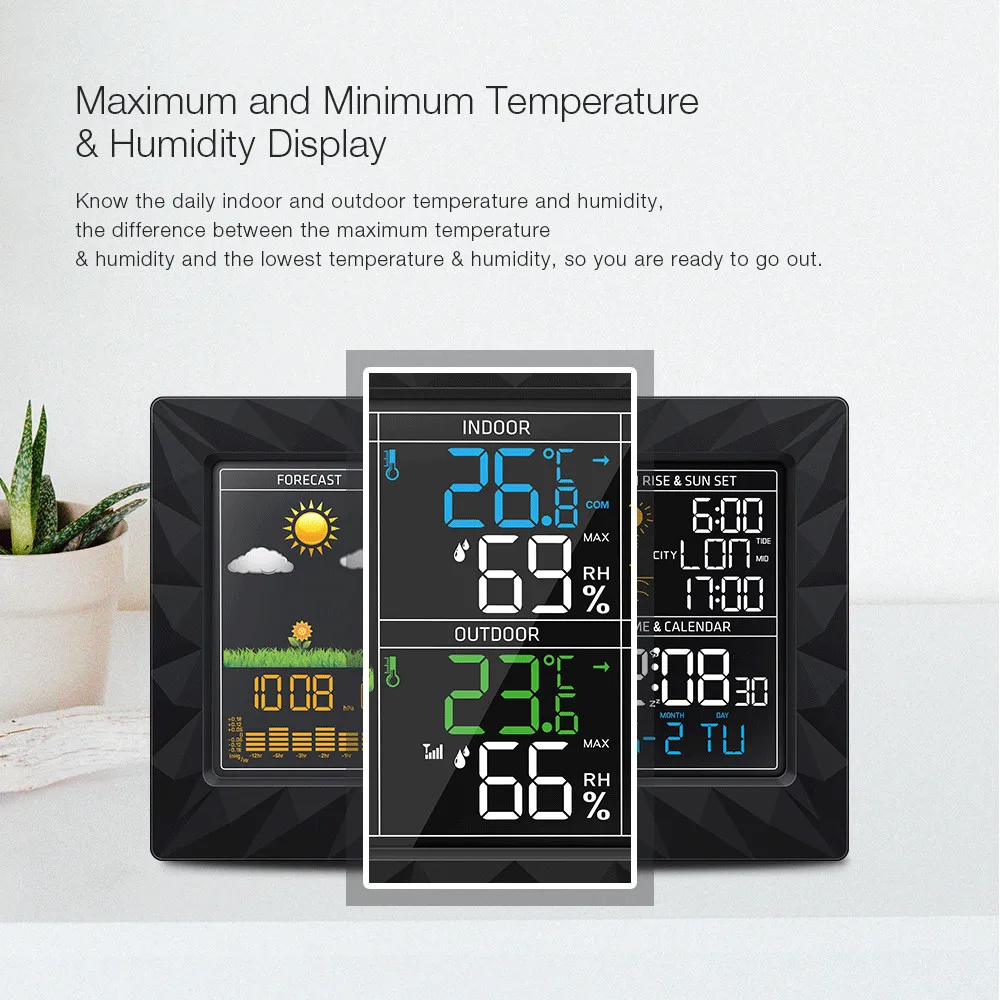DIGOO DG-TH8988 LCD Color Weather Station + Outdoor Remote Sensor Thermometer Humidity Snooze Clock Sunrise Sunset Calendar |