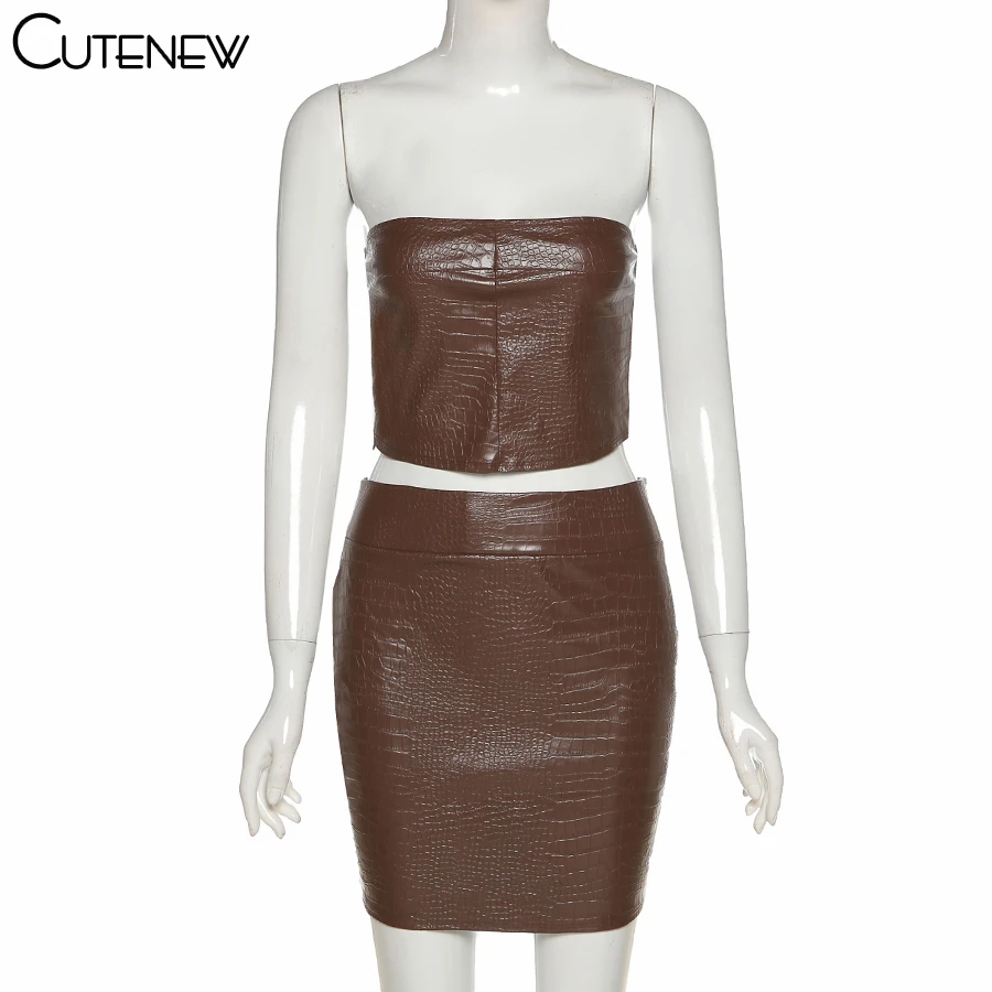 

Cutenew Sexy Faux PU Leather Two Piece Set Women's 2021Summer Streetwear Zipper Tank Top+Mini Skirts Party Club Solid Color Suit