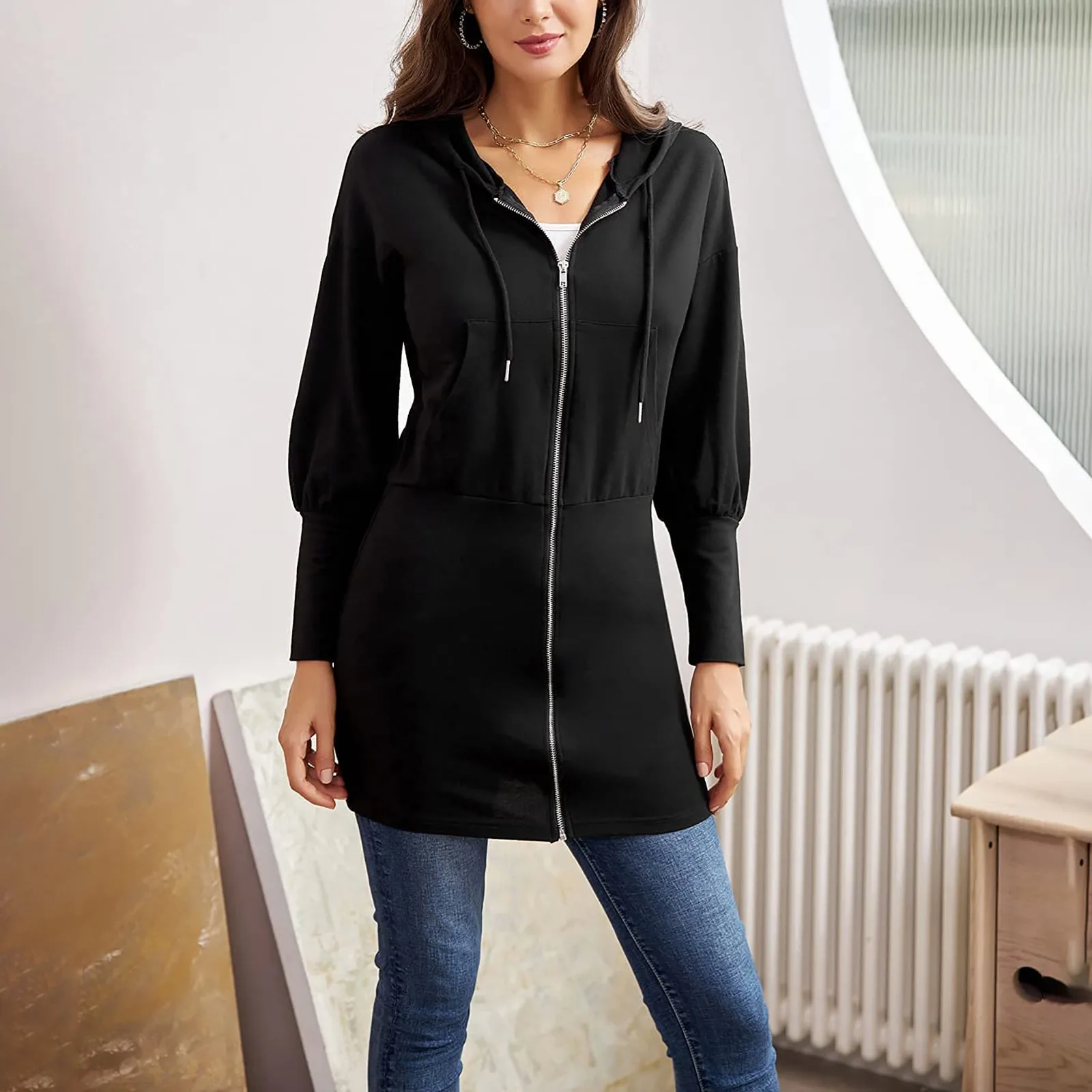 

Womens Ladies Warm Coat Jacket Autumn O-neck Solid Long Sleeve Outerwear Loose Hooded Sweater Women's Jacketкофта Женская