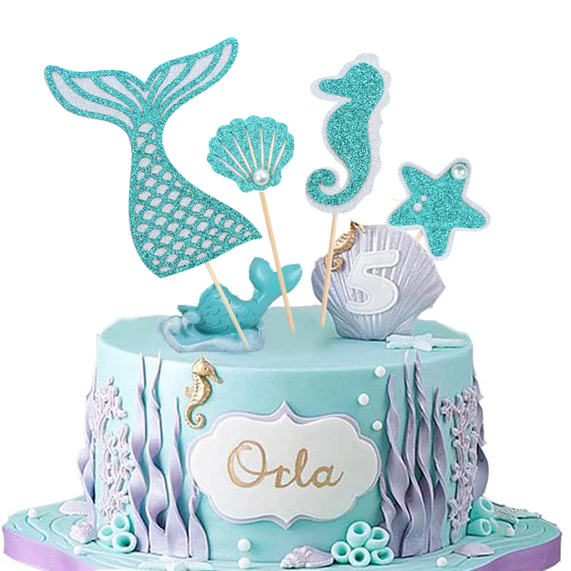 Mermaid Party Decor Mermaid Tail Cake Toppers Happy Birthday Cake Topper for Kids Favors Wedding Birthday Party Cake Decoration