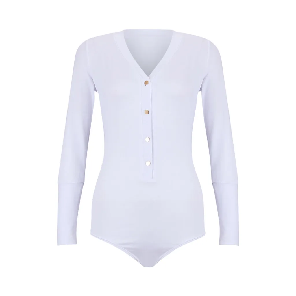 2019 модное боди Женская Однотонная рубашка с длинным рукавом и V-образным вырезом