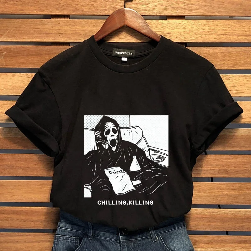 

2022 Women Loose Black T-shirts Gothic Grunge Punk Harajuku Skull Peinted T-shirts Halloween Party Tops Female T-shirt
