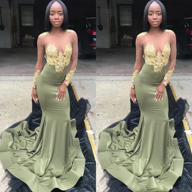 

Золотистое атласное платье с длинными рукавами, зеленое платье-Русалка для выпускного вечера, длинное платье с золотистой аппликацией в ар...