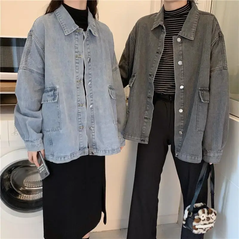 

Spring And Autumn Korean Version Of The 2021 New Student Wild Net Red Retro Tooling Denim Jacket Female Loose Long-Sleeved Top T