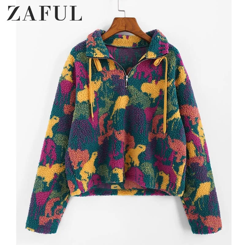 Женские свитера с животным принтом ZAFUL камуфляжные открытыми плечами и молнией