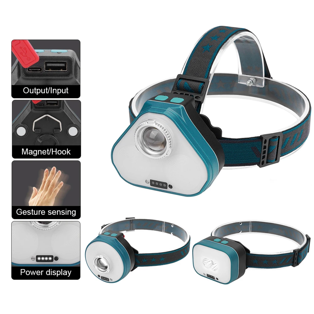 

Мощный светодиодный прочный Головной фонарь с зажимом, Многофункциональный Умный машущий датчик, USB-фонарь, налобный фонарь, фонарь для рыб...