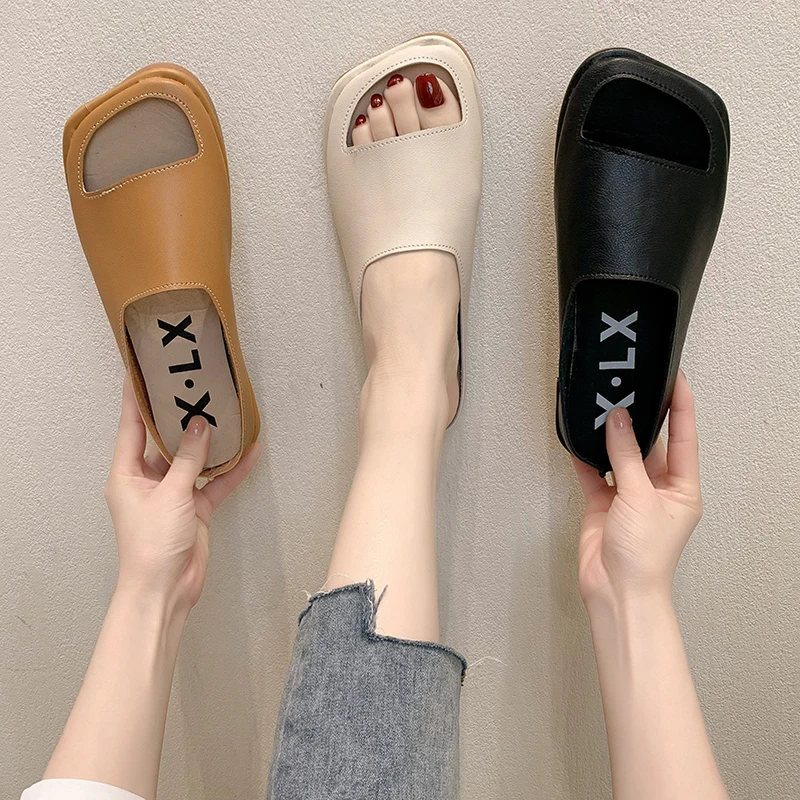 

Peep Toe Shoes Slippers Casual Slides Low Sneaker Women Home Pantofle Platform Luxury 2021 Flat Summer PU Rubber Basic Scandals