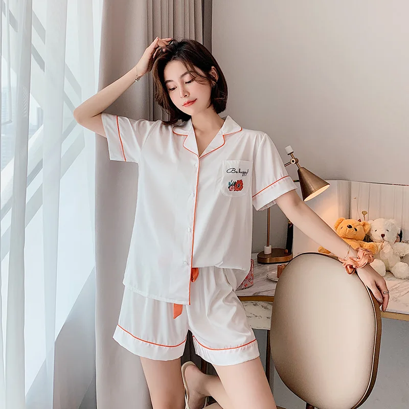 

White 2PCS Women Pajamas Suit Summer Rayon Shirt&Shorts Sleepwear Cute Cartoon Girl Sweet Flower Print Nightwear Loose Home Wear