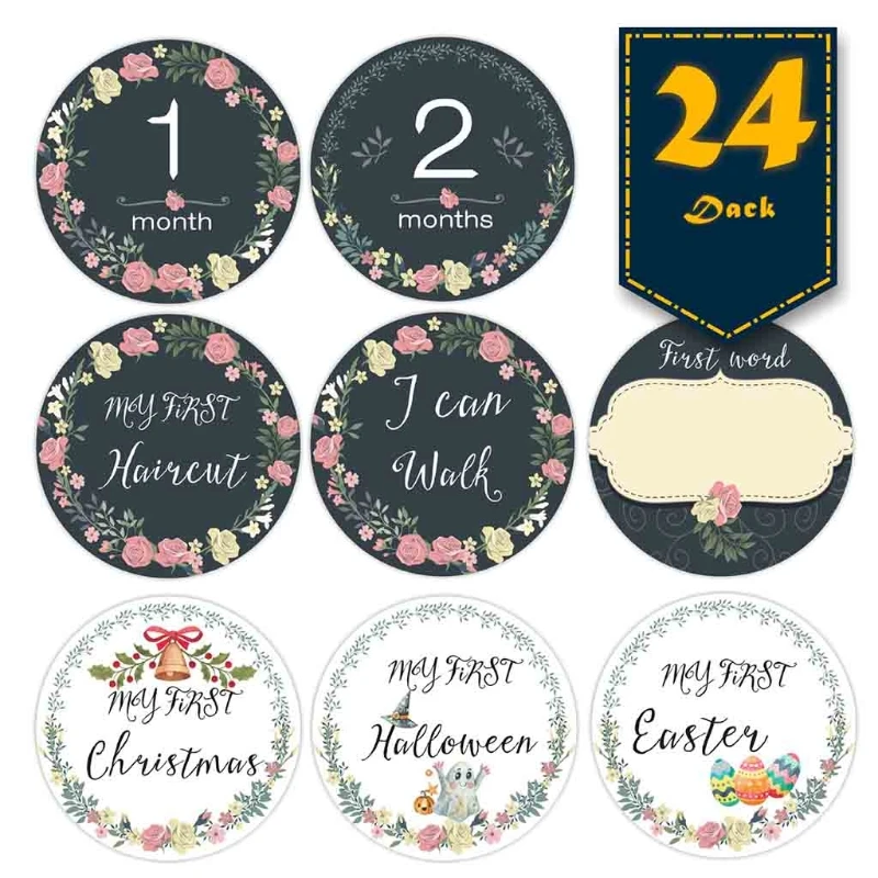 

T5EC 24 Sheets/Set Baby Pregnant Belly Decals Monthly Stickers Floral Print Memory Recording Milestone Sticker Newborn Growth