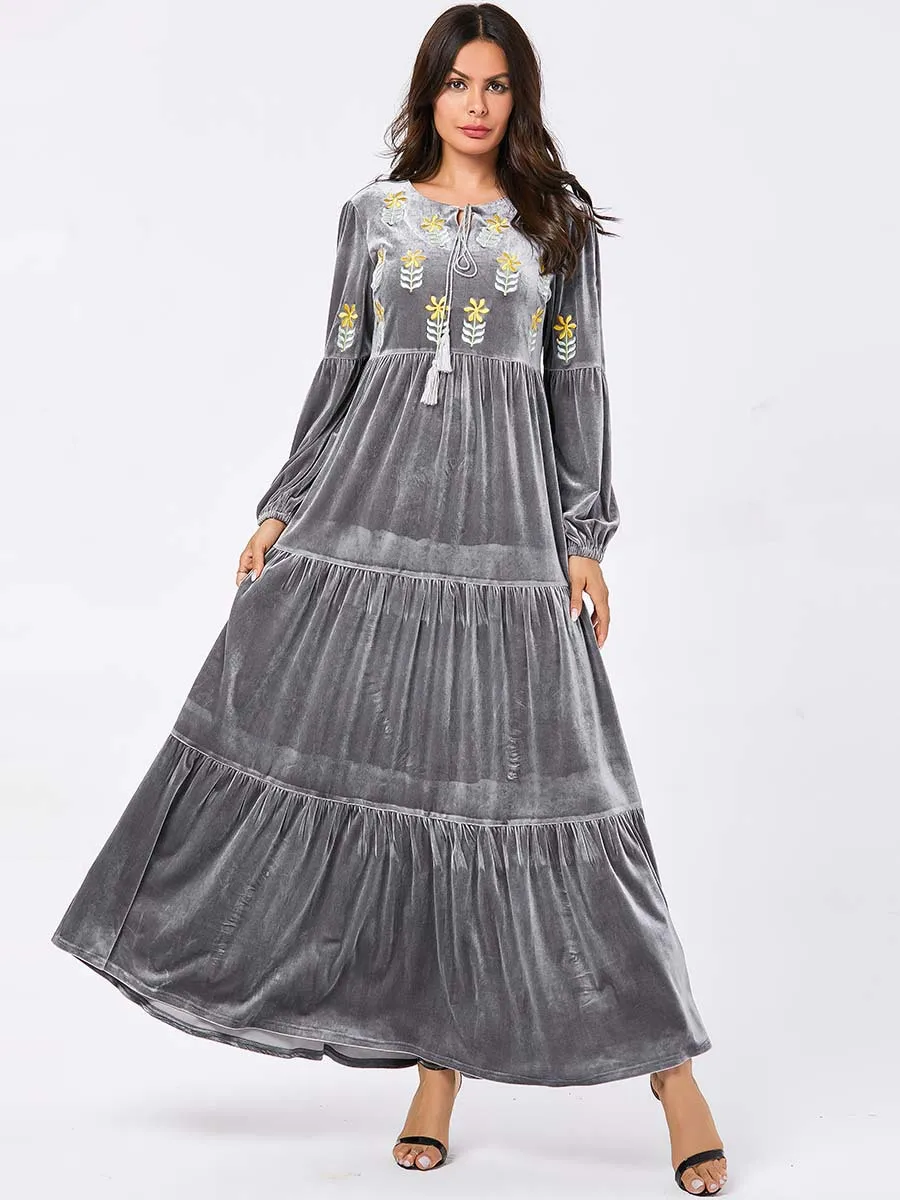 2019 Новый зима-осень длинное мусульманское платье бархат элегантные