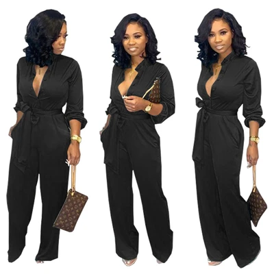 black jumpsuit Adogirl, однотонные Женские повседневные Свободные Комбинезоны с пуговицами, v-образный вырез, длинный рукав, офисный женский комбинезон, широкие брюки, женские модные комбинезоны - Цвет: black jumpsuit