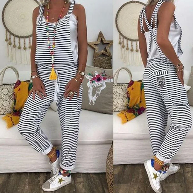 

Stripe Print Jumpsuits Women 2021 Spring Summer Autumn Versatile V-neck Cross Bandage Casual Plus Size Sport Long Suspenders