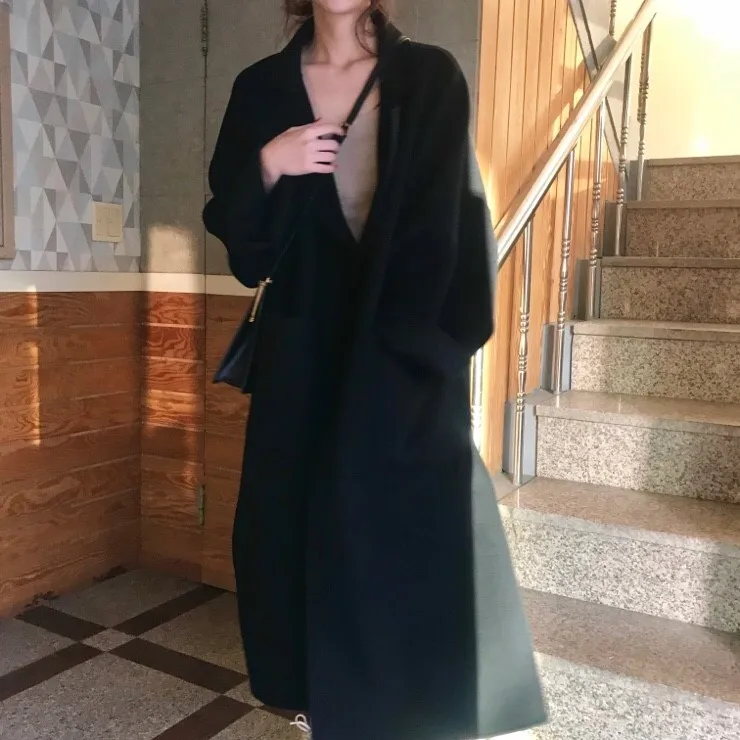 LUZUZI New Winter Coat Female Long Big Pocket Bandage Woolen Coat Women Loose Plus Size Abrigos Mujer Manteau Femme Hiver
