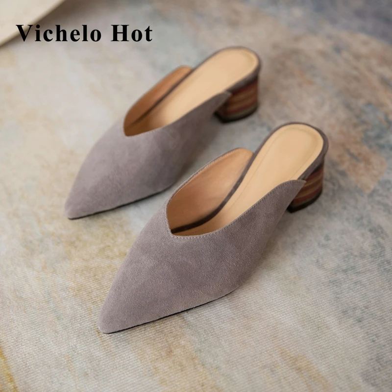 

Vichelo Hot European style new arrival sheep suede pointed toe med heel slip on mules beauty lady dating cozy women pumps L0f1