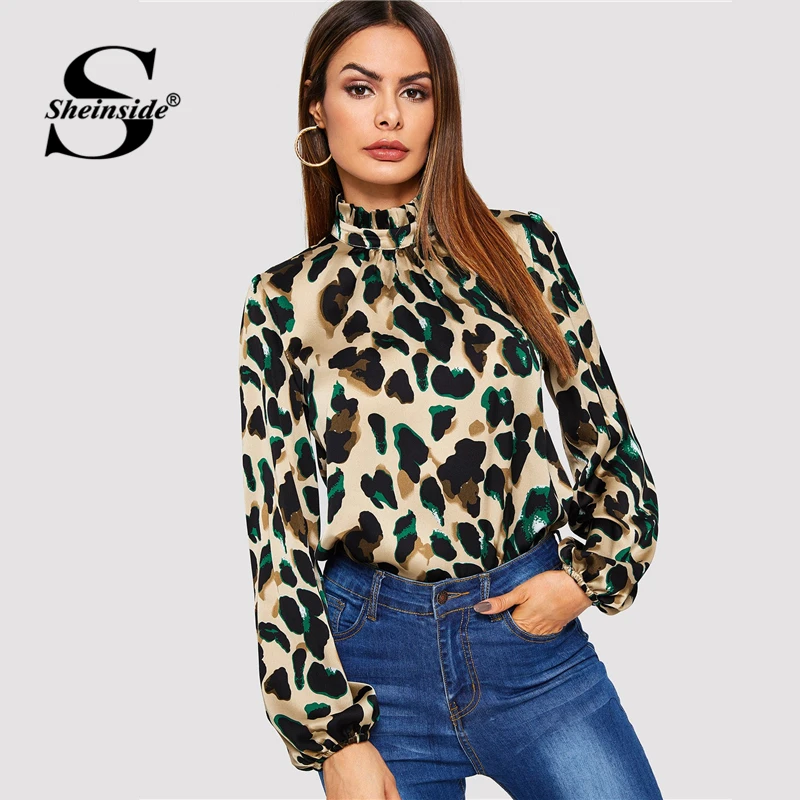 Sheinside, Женская леопардовая блузка с рукавом, с оборкой на шее, женские рубашки с длинным рукавом, топы для женщин, OL, для работы, осень, элегантные женские блузки s