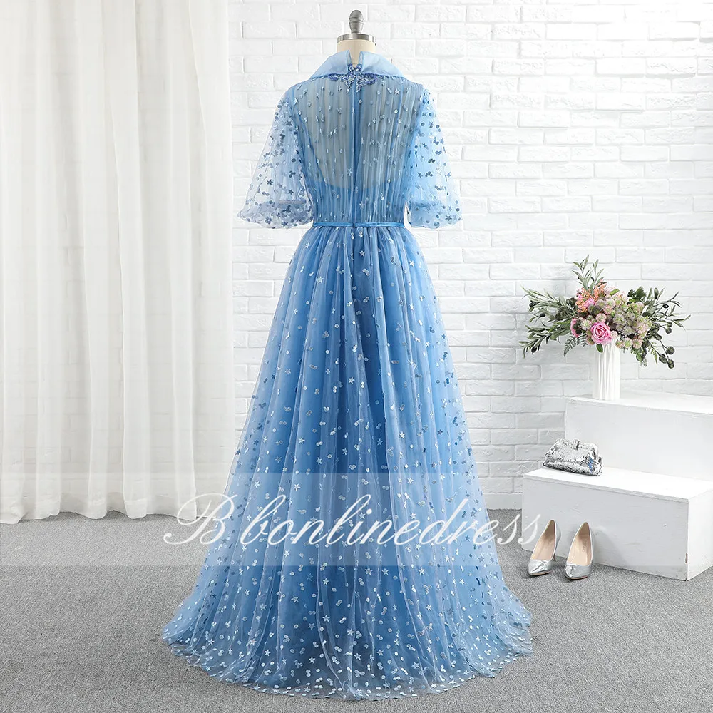 Бальное платье Bbonlinedress синее с высоким воротником коротким рукавом | Свадьбы и