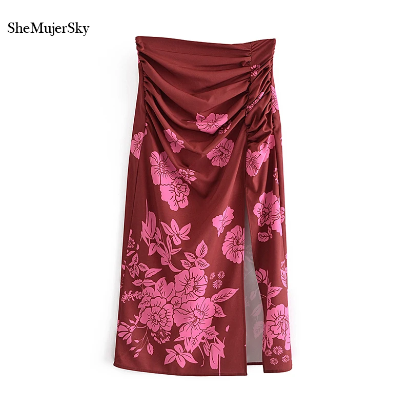 

SheMujerSky Women High Waist Folds Skirts 2022 High Split Flower Print Midi Skirt faldas largas