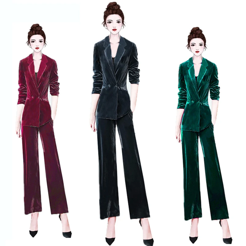 Spring and autumn women's new temperament high quality Solid color gold velvet blazer trousers business casual OL two-piece suit | Женская